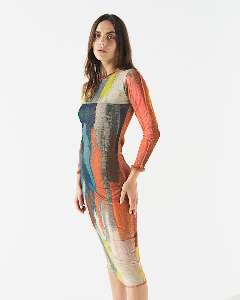 sunset mesh dress Pink Sunset Printed Mesh Jersey Strappy Maxi Dress